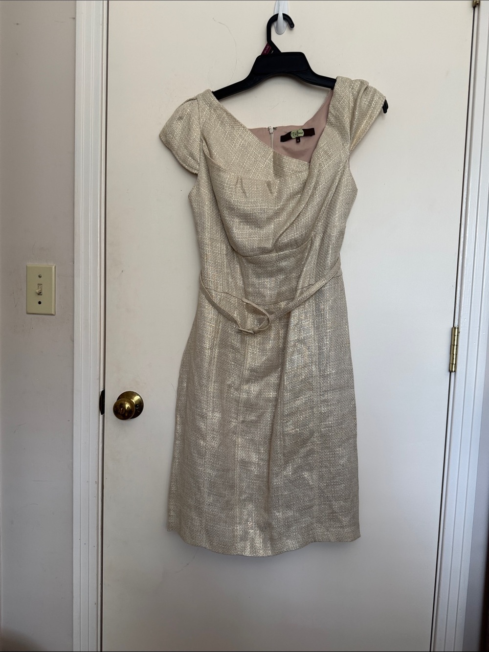 Eva Franco Metallic Ivory Midi Dress with Belt